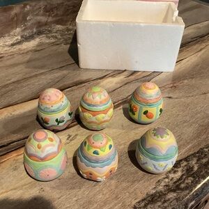 Set Of 6 Ceramic Easter Egg Candle Holders Multi Colored w/Candles Hand Painted